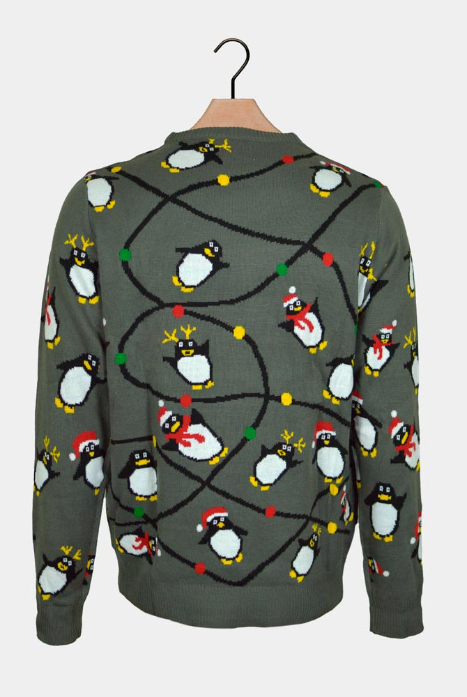 Pull de Noël pour Famille Lumineux LED Gris avec Pingouins dos