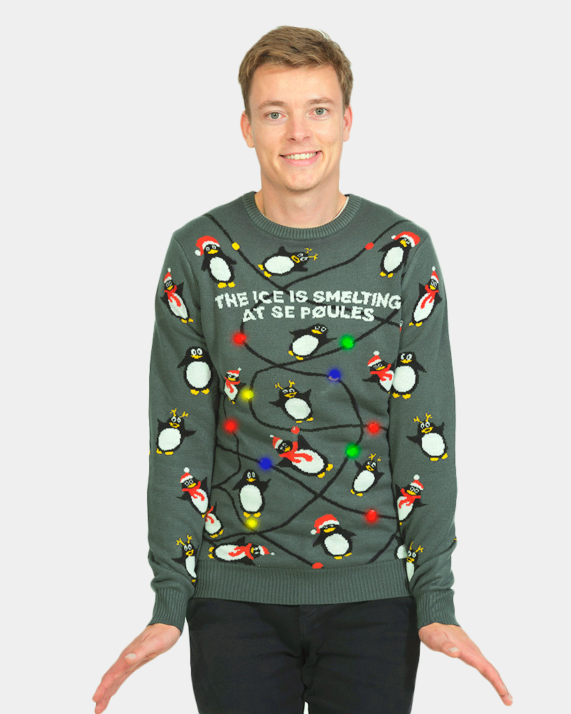Pull de Noël pour Famille Lumineux LED Gris avec Pingouins homme