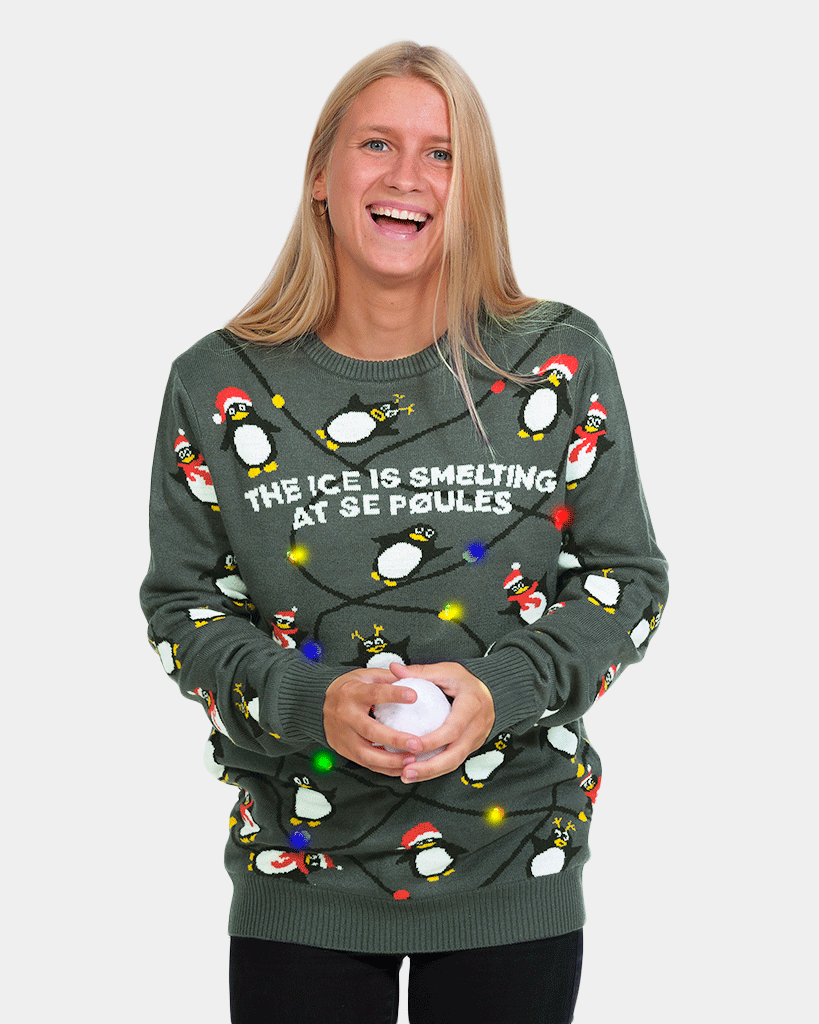 Pull de Noël pour Famille Lumineux LED Gris avec Pingouins femme
