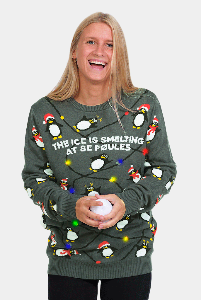 Pull de Noël pour Famille Lumineux LED Gris avec Pingouins femme
