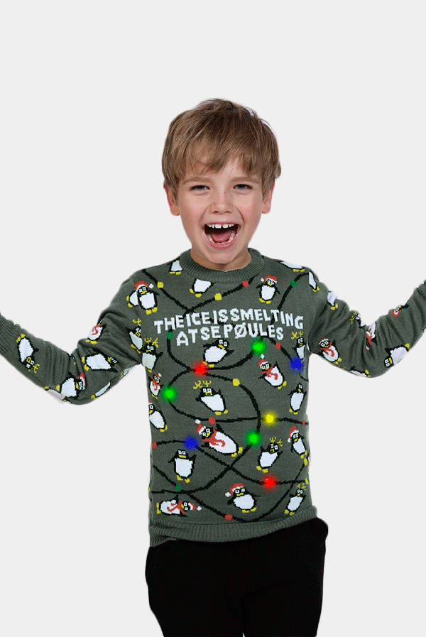 Pull de Noël pour Famille Lumineux LED Gris avec Pingouins enfant