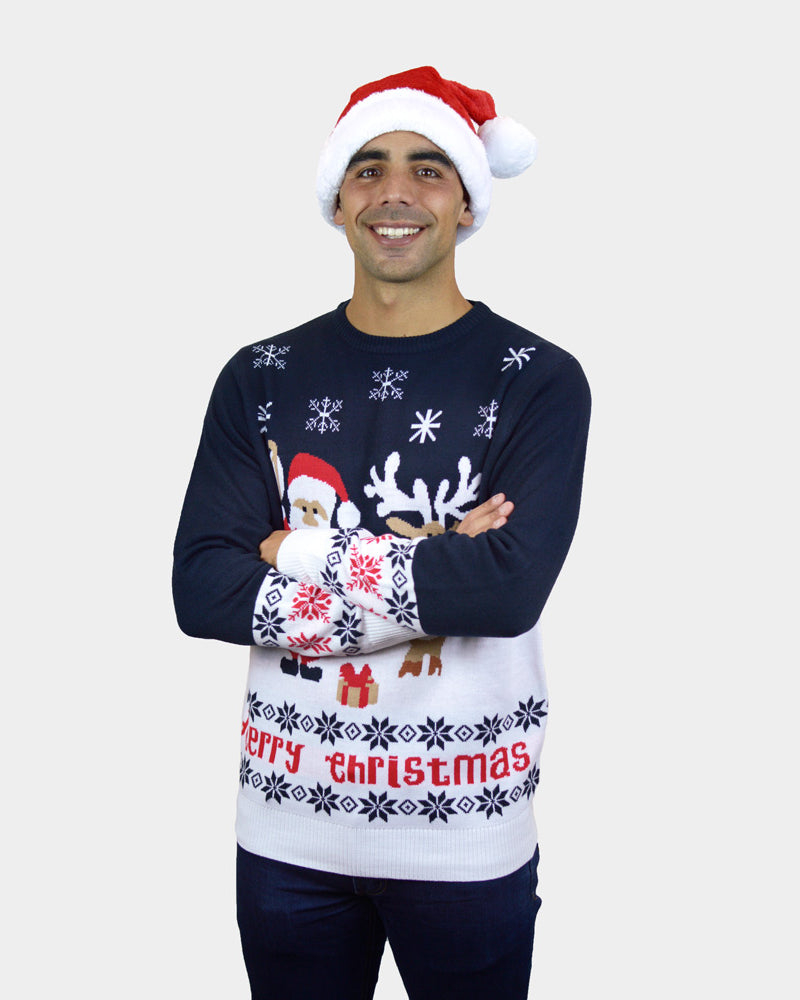 Pull de Noël pour Famille Bleu Père Noël et Rudolph le Renne Coton Bio homme