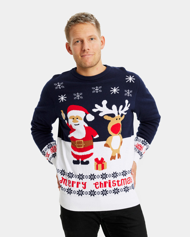 Pull de Noël pour Famille Bleu Père Noël et Rudolph le Renne homme