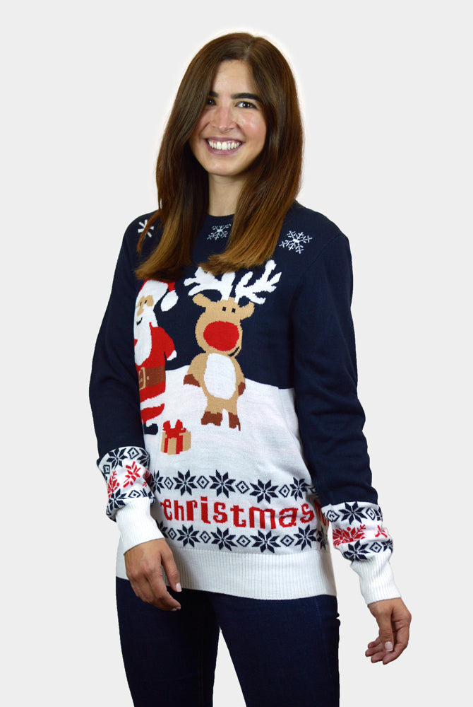 Pull de Noël pour Famille Bleu Père Noël et Rudolph le Renne Coton Bio femme