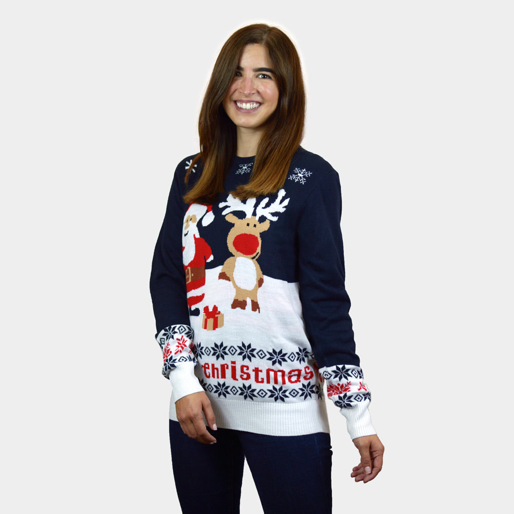 Pull de Noël Bleu Père Noël et Rudolph le Renne Coton Bio femme