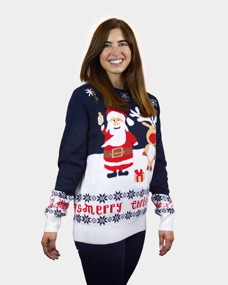 Femme Pull de Noël Bleu Père Noël et Rudolph le Renne