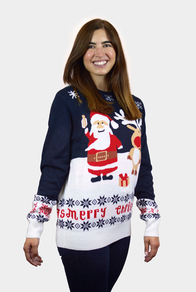 Femme Pull de Noël Bleu Père Noël et Rudolph le Renne Coton Bio