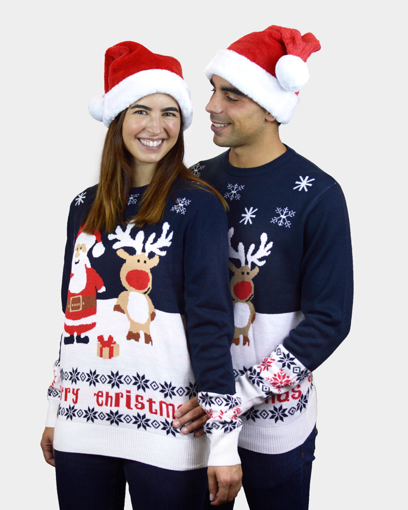 Pull de Noël pour Famille Bleu Père Noël et Rudolph le Renne Coton Bio couple