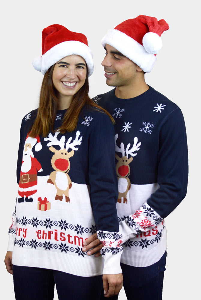 Pull de Noël pour Famille Bleu Père Noël et Rudolph le Renne Coton Bio couple