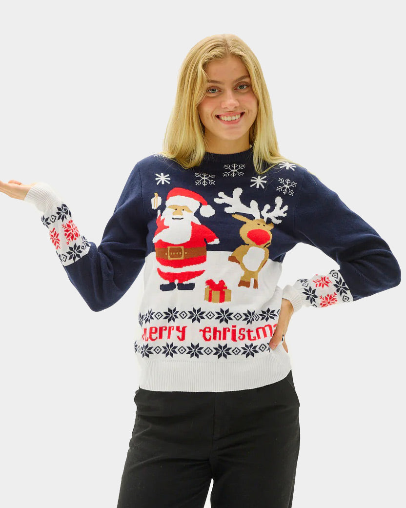 Pull de Noël Bleu Père Noël et Rudolph le Renne Coton Bio Femme