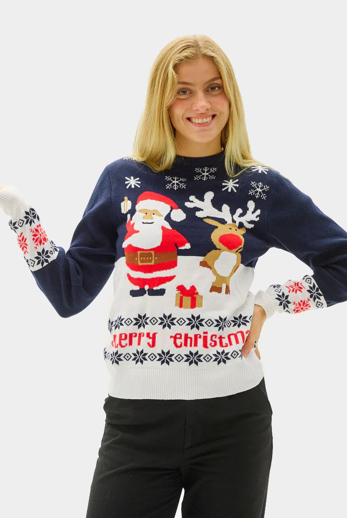Pull de Noël Bleu Père Noël et Rudolph le Renne Coton Bio Femme