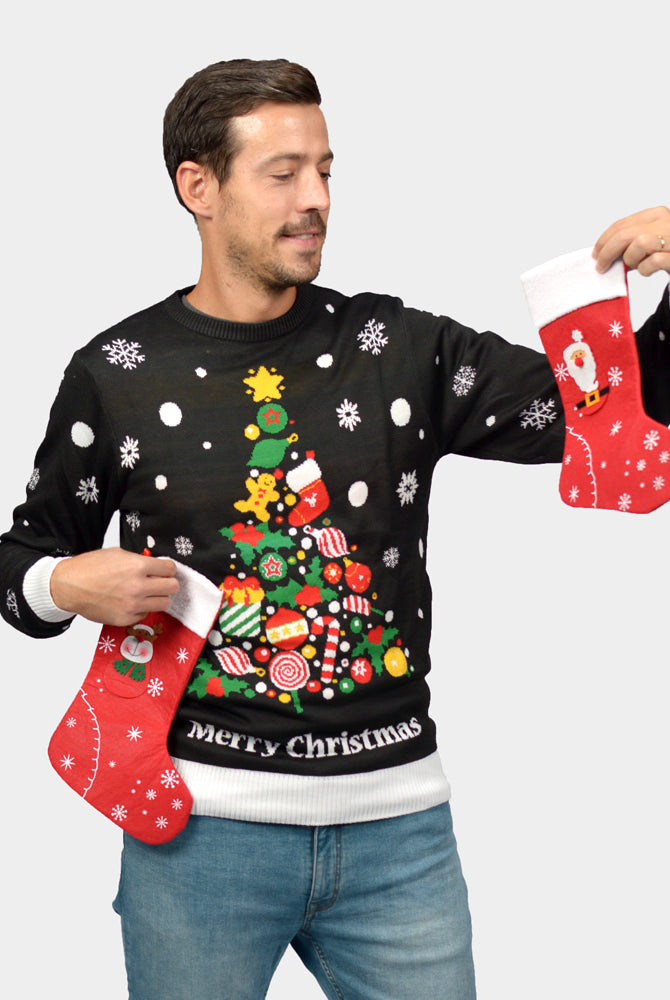 Pull de Noël Noire Couple avec Sapin de Noël Homme