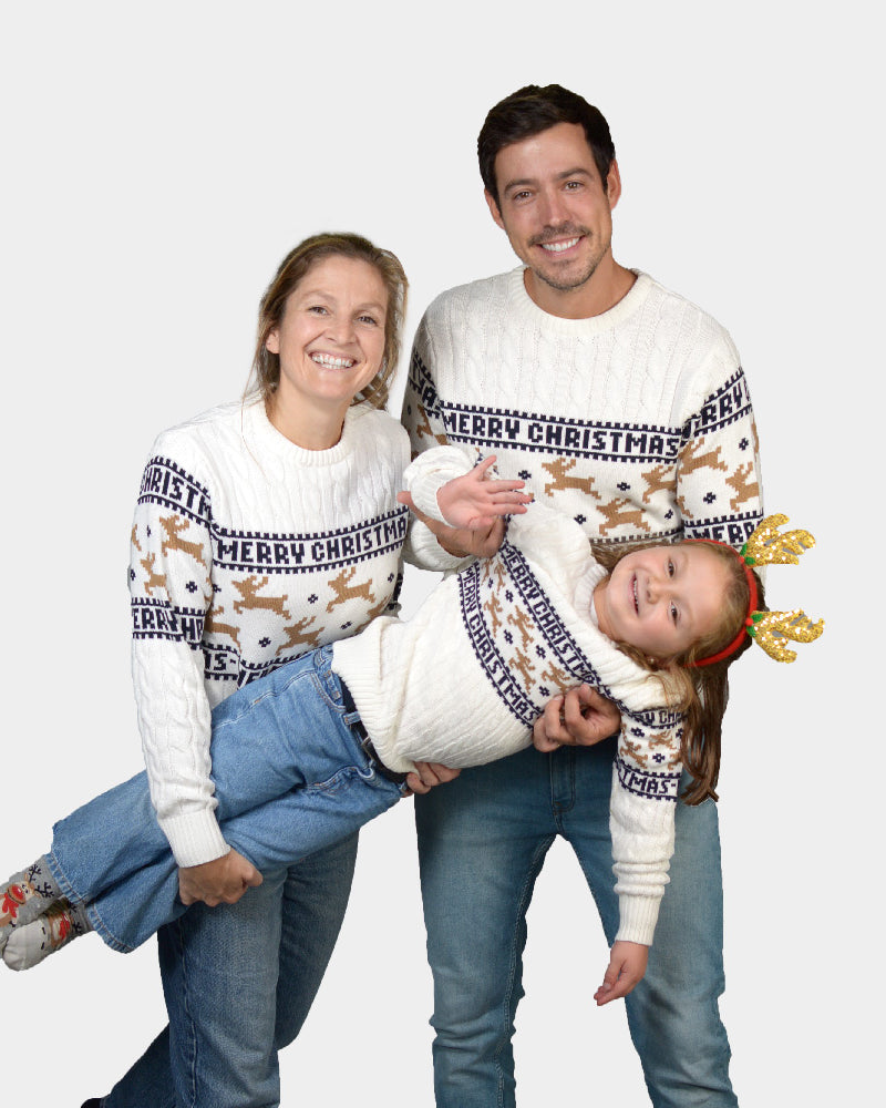 Pull de Noël Chic pour Enfants Blanc avec Rennes Coton Bio Famille