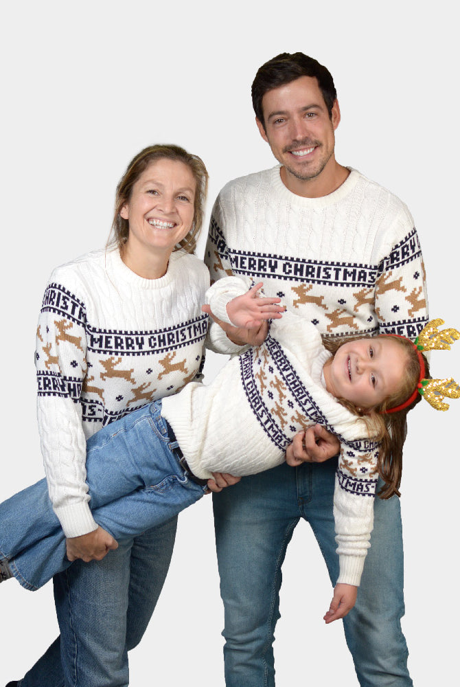 Pull de Noël Chic pour Enfants Blanc avec Rennes Coton Bio Famille