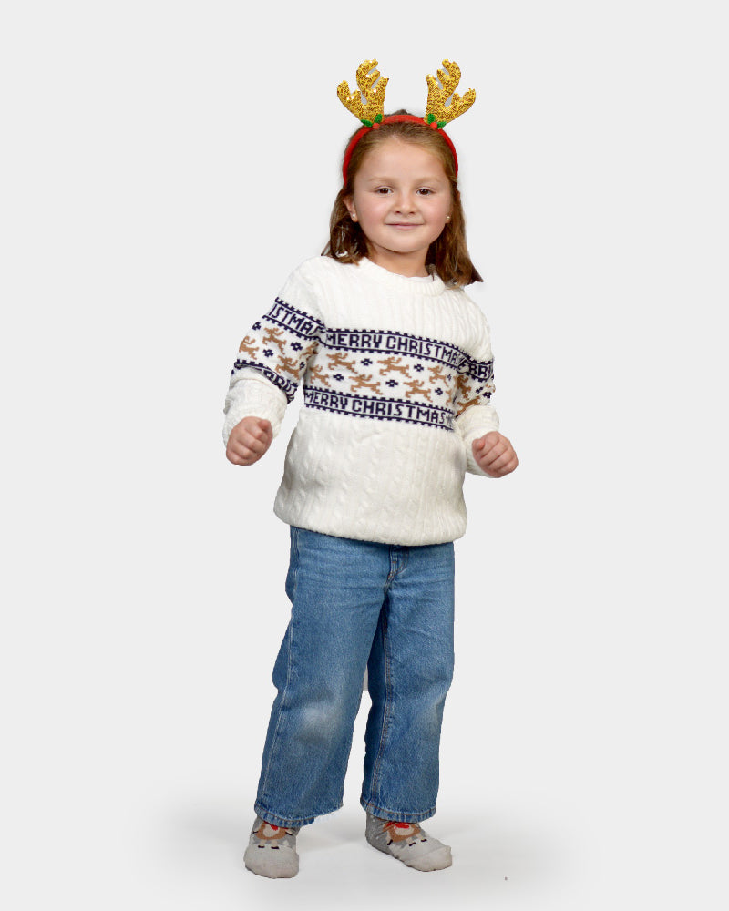 Pull de Noël Chic pour Enfants Blanc avec Rennes Coton Bio