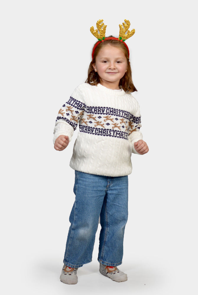 Pull de Noël Chic pour Famille Enfants Blanc avec Rennes Coton Bio