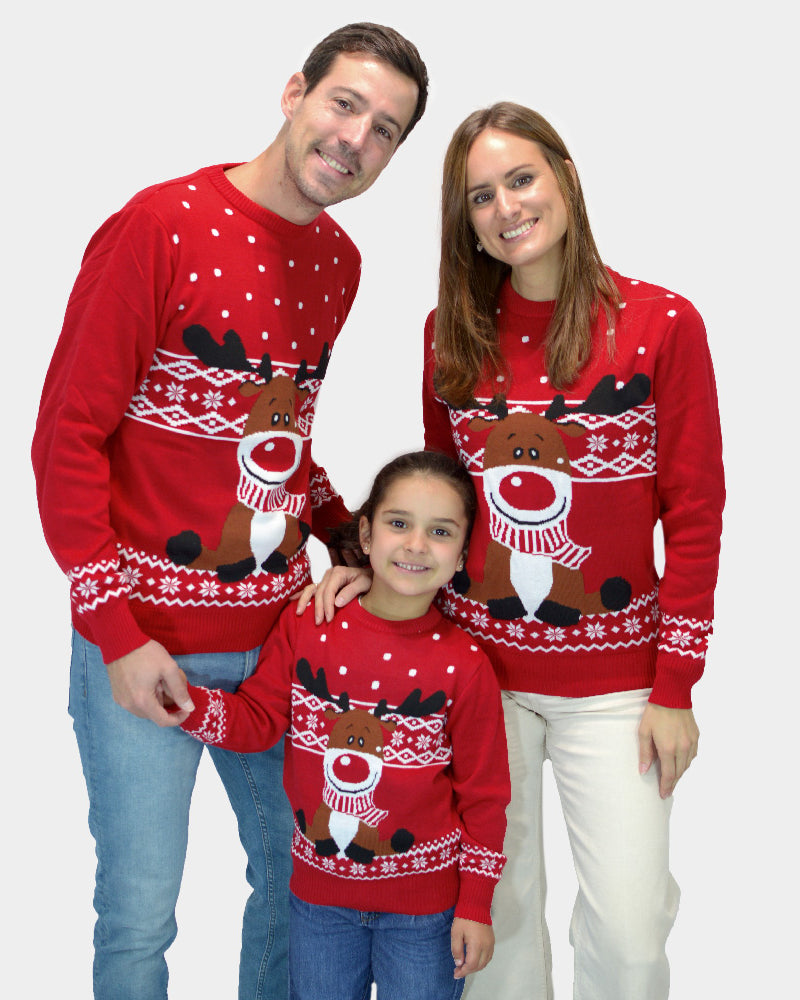 Pull de Noël pour Famille Rouge Renne Rudolph Echarpe