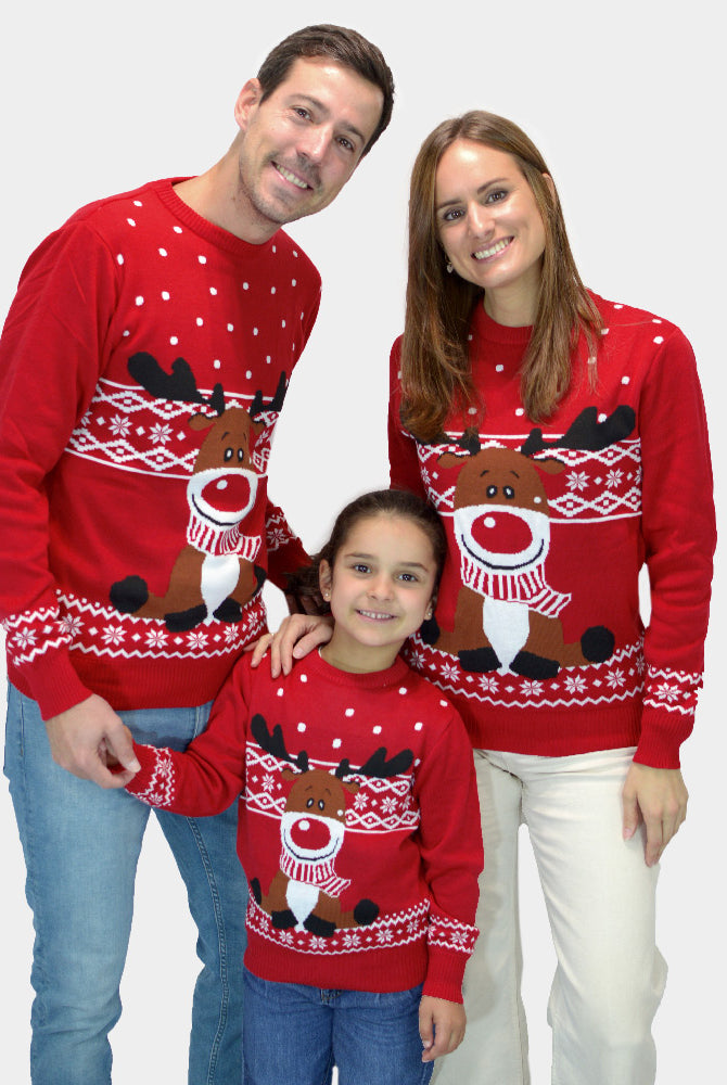 Pull de Noël pour Famille Rouge Renne Rudolph Echarpe