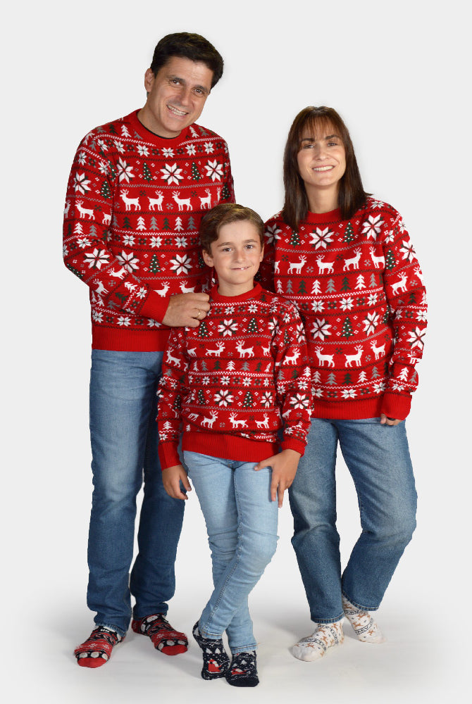 Pull de Noël pour Famille avec Rennes, Sapins et Étoiles Polaires