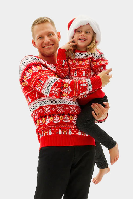 Pull de Noël pour Famille Rouge Bonhommes de Neige Sapins Coton Bio