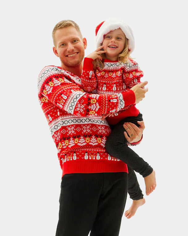 Pull de Noël pour Famille Rouge Bonhommes de Neige Sapins Coton Bio