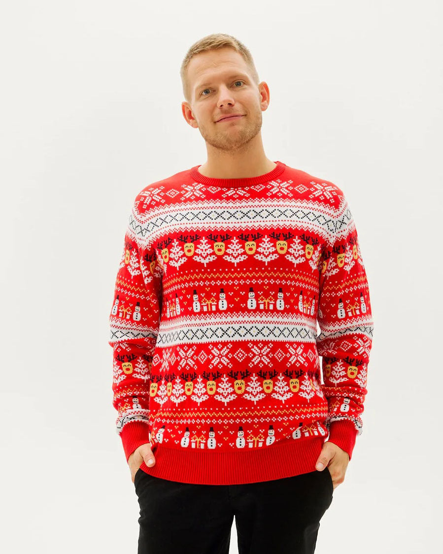 Pull de Noël pour Famille Rouge Bonhommes de Neige Sapins Coton Bio homme