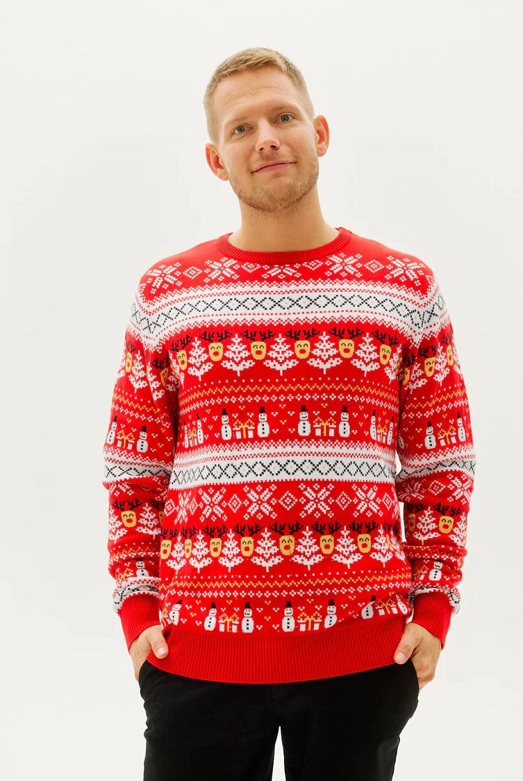 Pull de Noël pour Famille Rouge Bonhommes de Neige Sapins Coton Bio homme