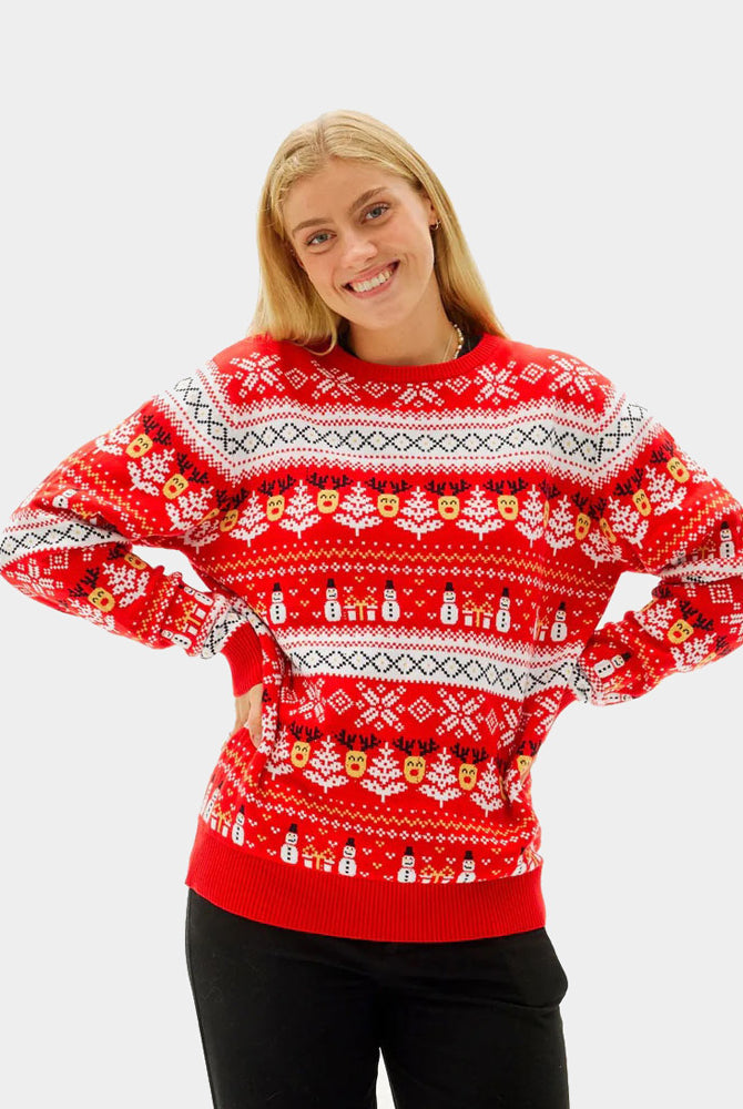 Pull de Noël pour Famille Rouge Bonhommes de Neige Sapins Coton Bio femme