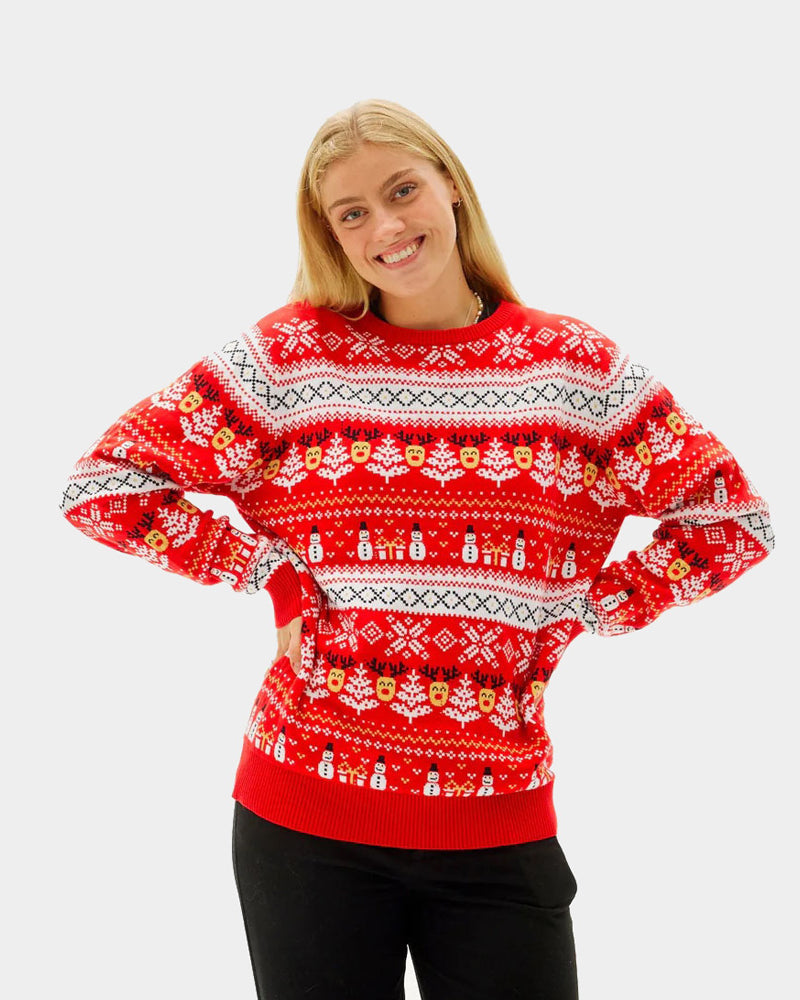 Pull de Noël Rouge Bonhommes de Neige et Sapins Coton Bio femme