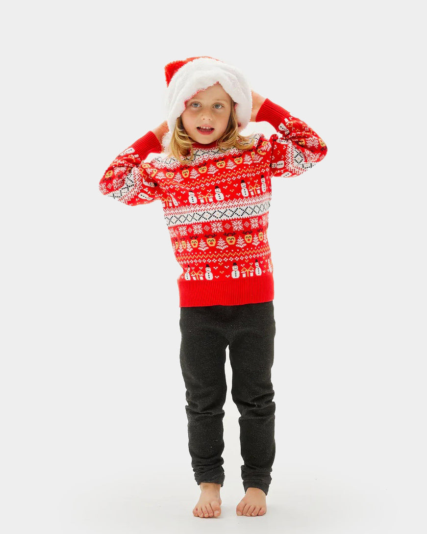 Pull de Noël pour Famille Rouge Bonhommes de Neige Sapins Coton Bio enfant