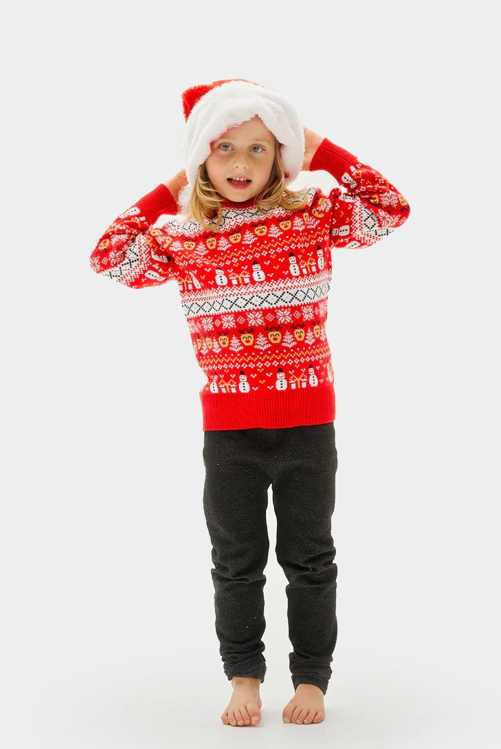 Pull de Noël pour Famille Rouge Bonhommes de Neige Sapins Coton Bio enfant