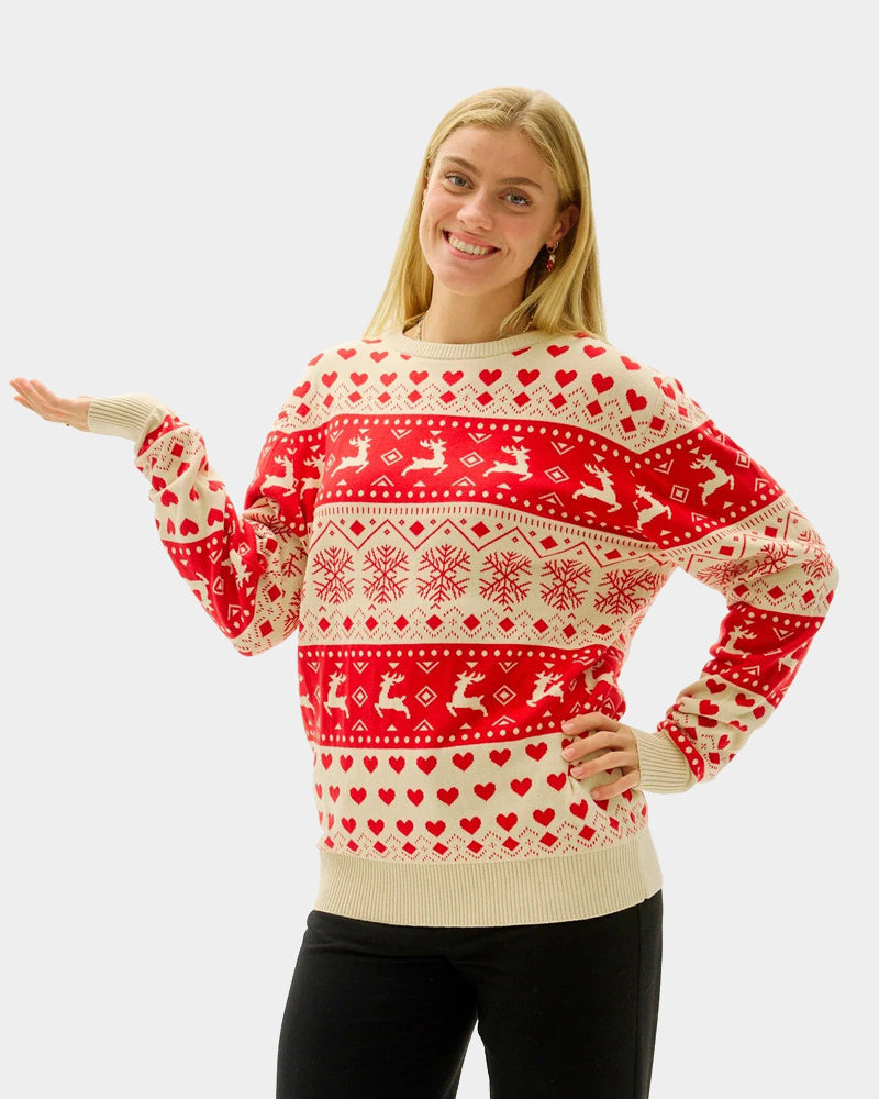 Pull de Noël avec Cœurs Rouges et Beige Coton Bio femme