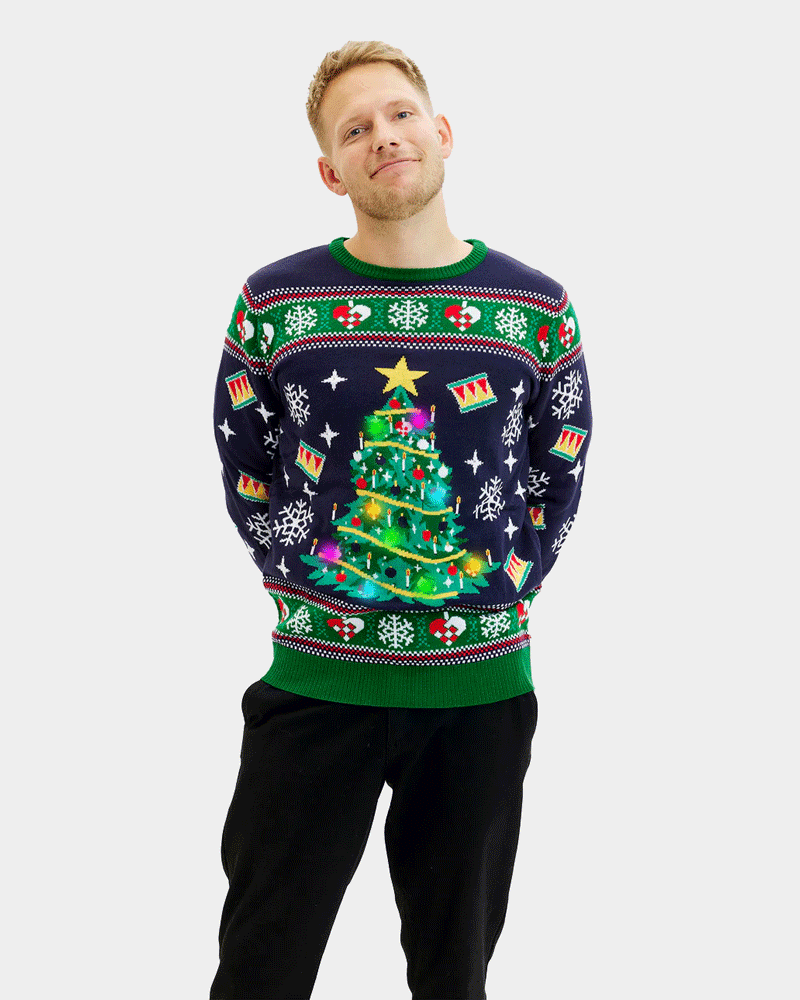 Bleu Pull de Noël pour Homme Lumineux LED avec Sapin de Noël