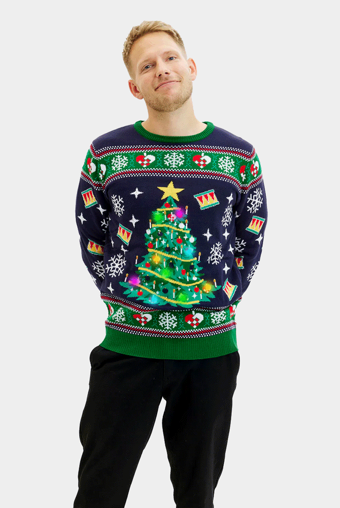 Bleu Pull de Noël pour Homme Lumineux LED avec Sapin de Noël