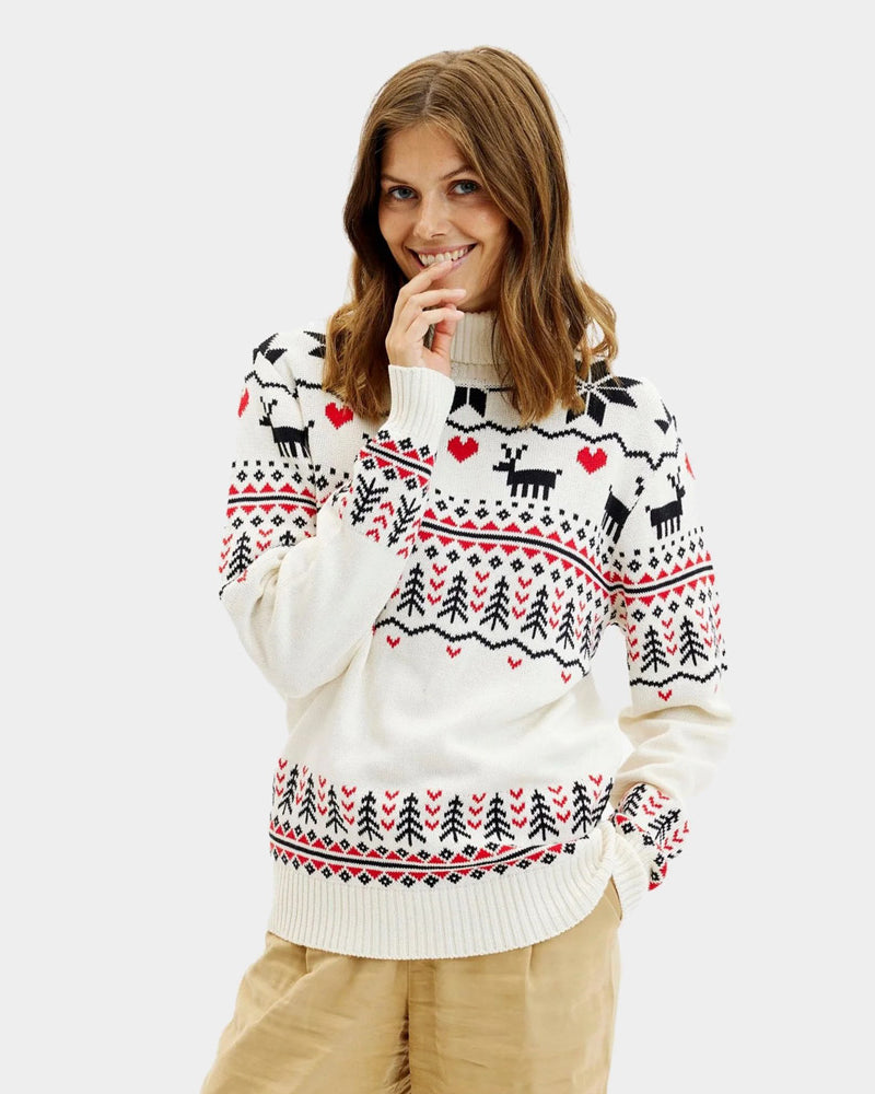 Coton Bio Pull de Noël pour Femme à Col Roulé Chic Beige