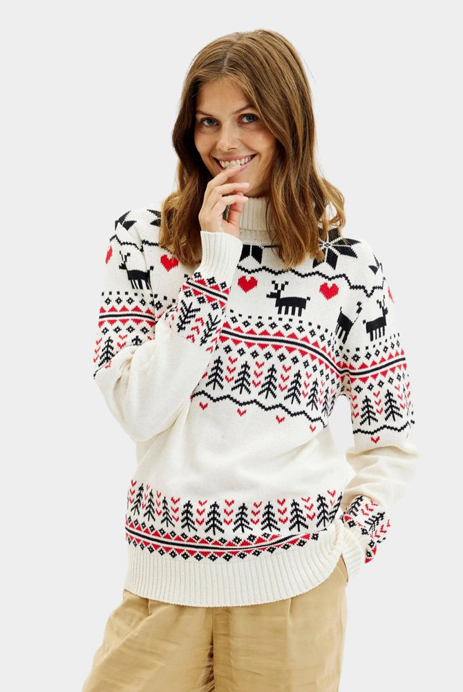 Coton Bio Pull de Noël pour Femme à Col Roulé Chic Beige