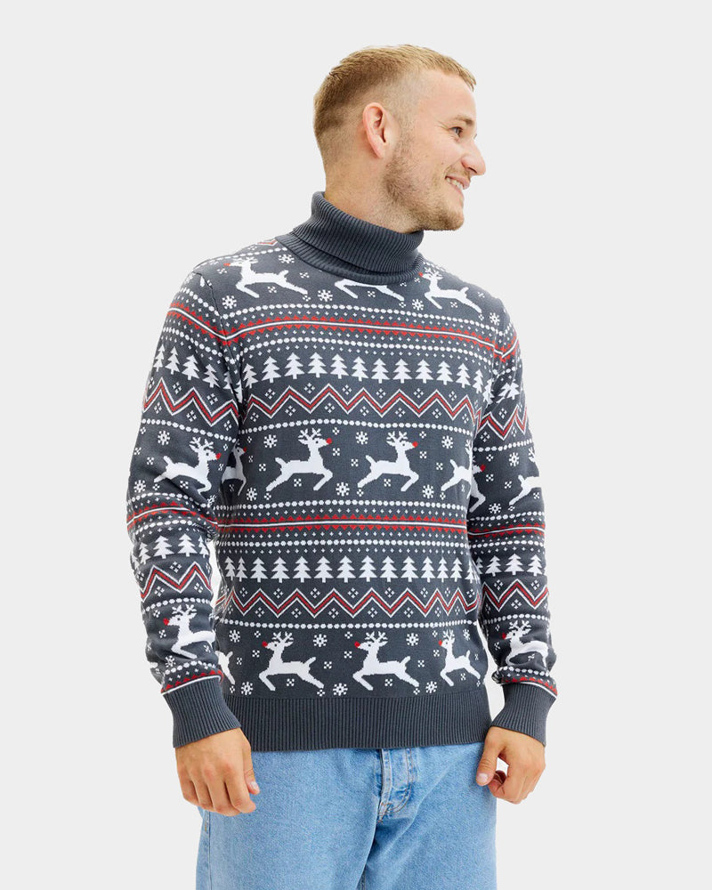 Coton Bio Pull de Noël pour Homme à Col Roulé Gris Rennes
