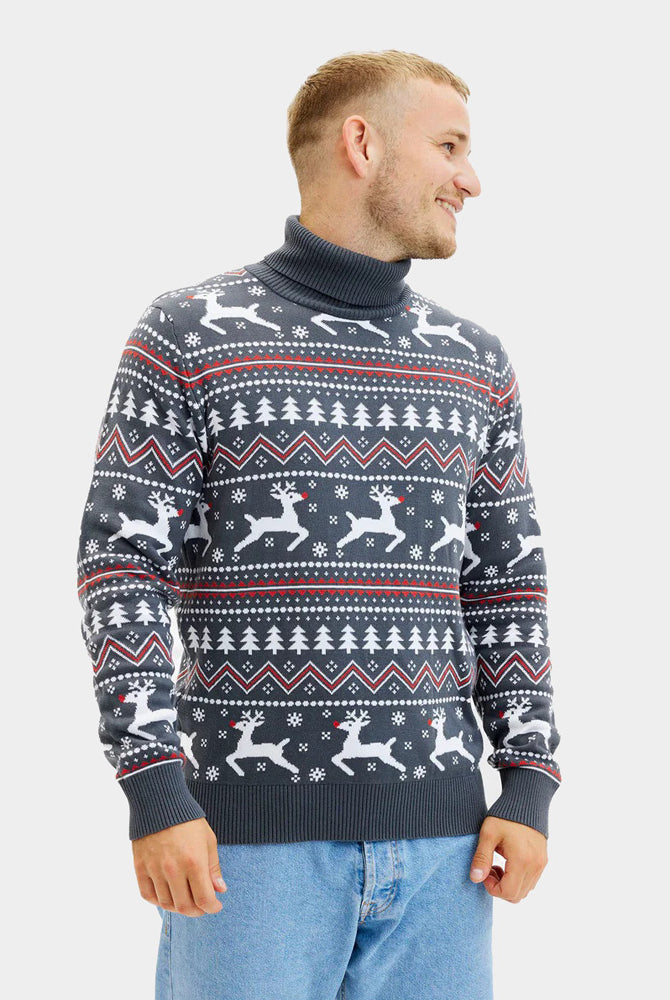 Coton Bio Pull de Noël pour Homme à Col Roulé Gris Rennes