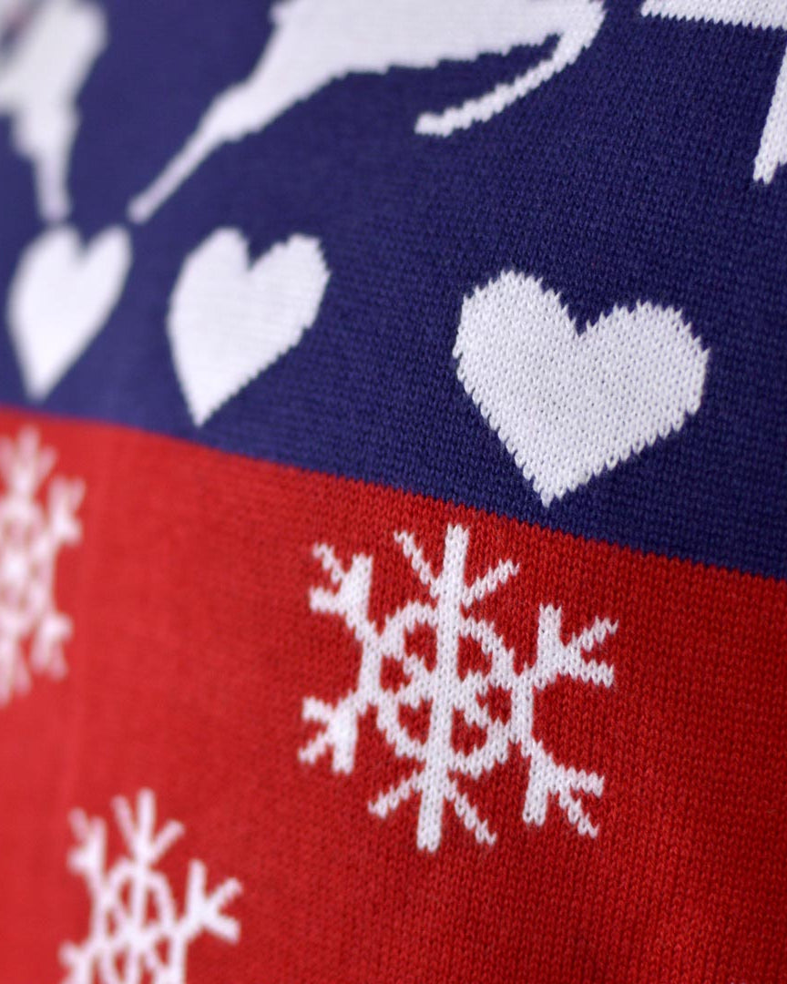 Pull de Noël pour Couple Rennes et Cœurs Bleu et Rouge detail