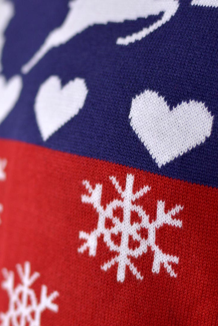 Pull de Noël pour Couple Rennes et Cœurs Bleu et Rouge detail