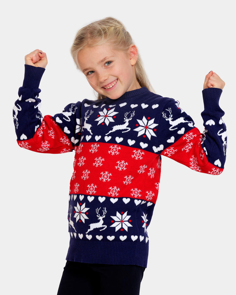 Pull de Noël Enfants Rennes Coeurs Bleu Rouge