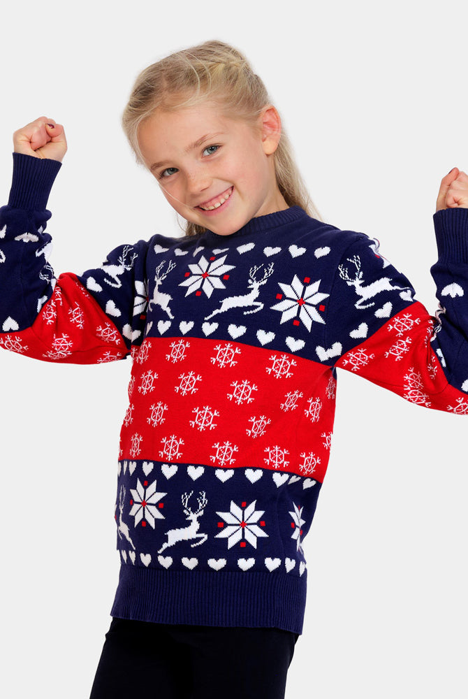 Pull de Noël Enfants Rennes Coeurs Bleu Rouge