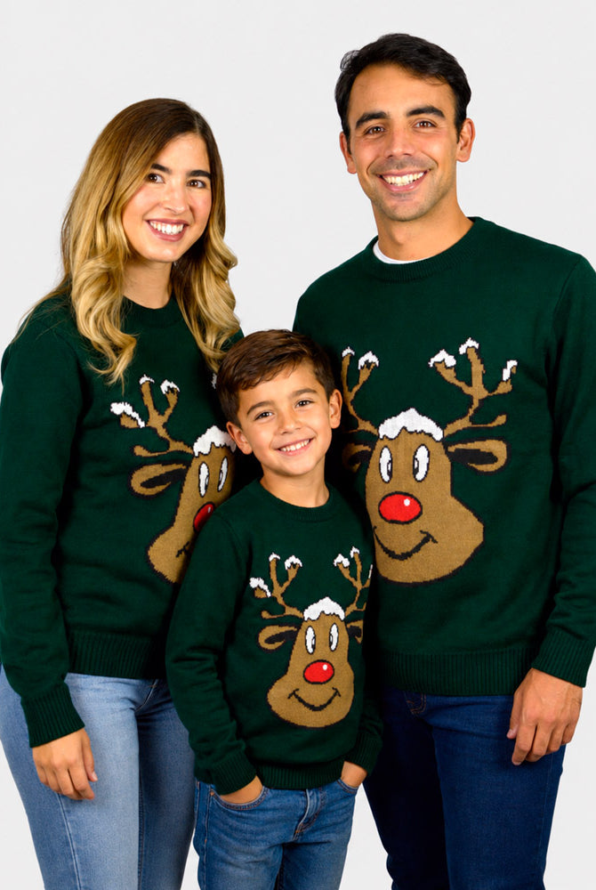 famille Pull de Noël Vert avec Renne Souriant