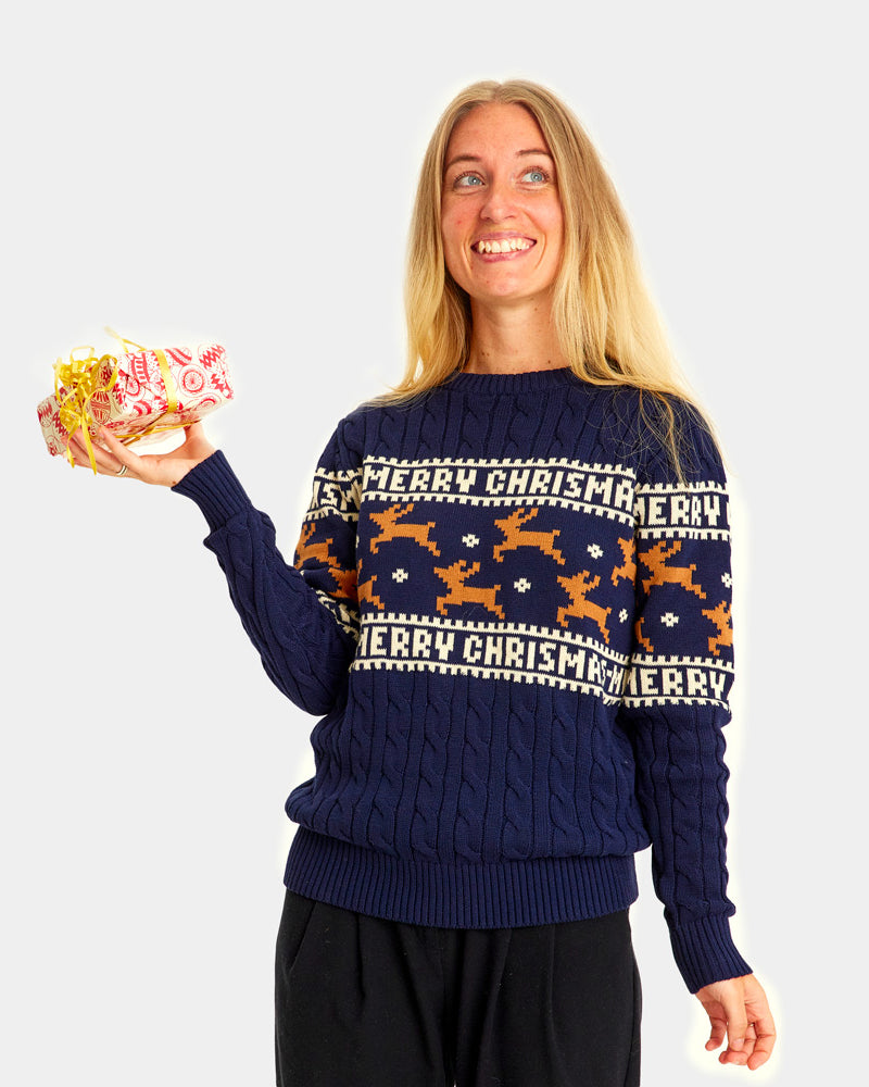 femme Pull de Noël Chic pour Couple Bleu avec Rennes Coton Bio