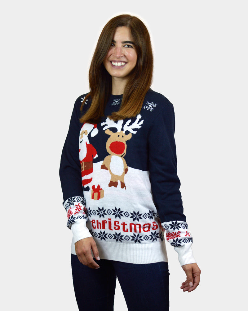 femme Pull de Noël pour Couple Bleu Père Noël et Rudolph le Renne Coton Bio