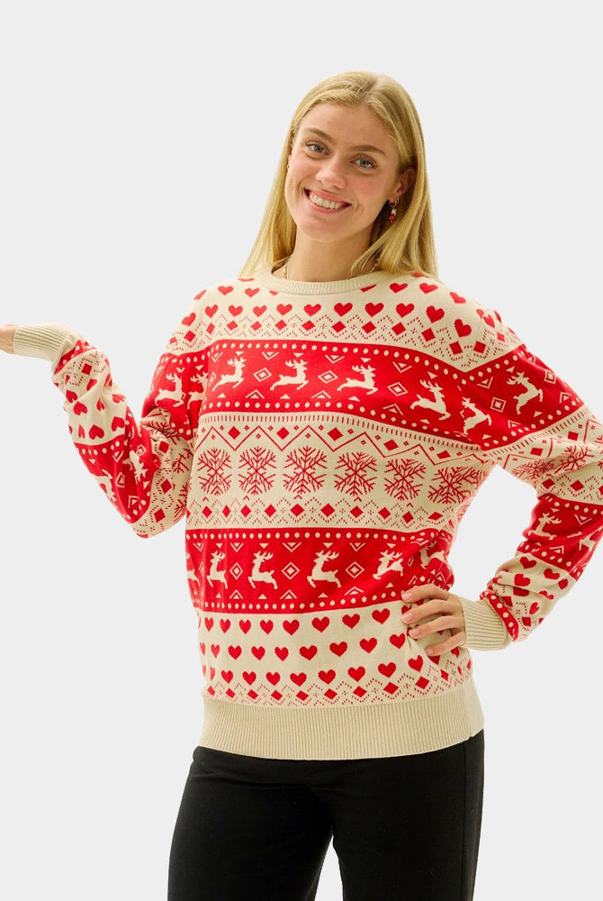 Pull de Noël pour Couple avec Cœurs Rouges et Beige Coton Bio femme