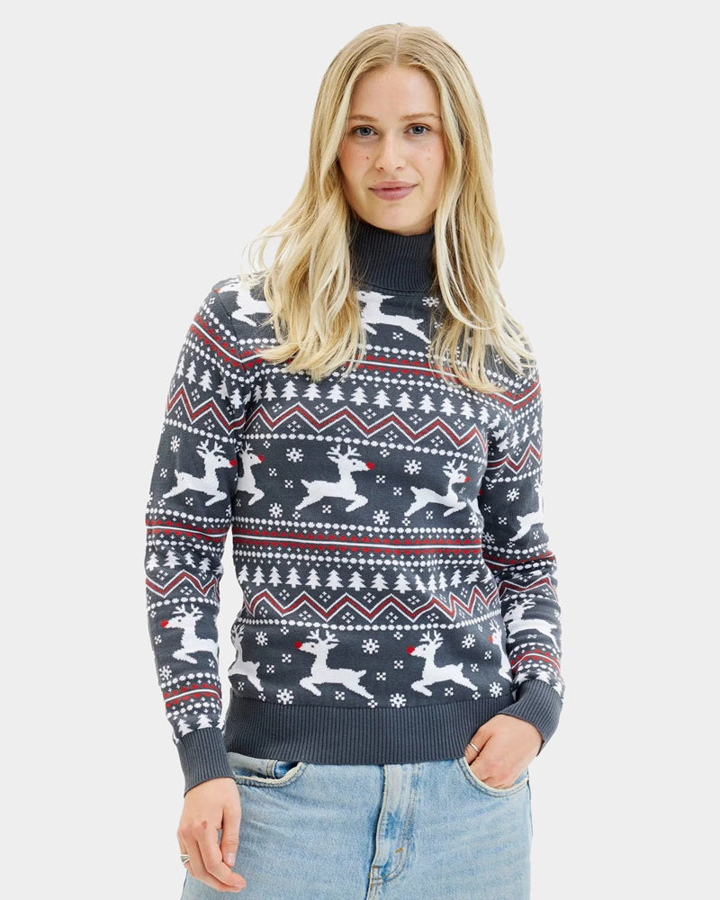 Femme Pull de Noël pour Couple à Col Roulé Gris Rennes Coton Bio