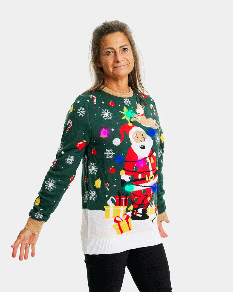 Pull de Noël pour Couple Lumineux LED Père Noël ligoté femme