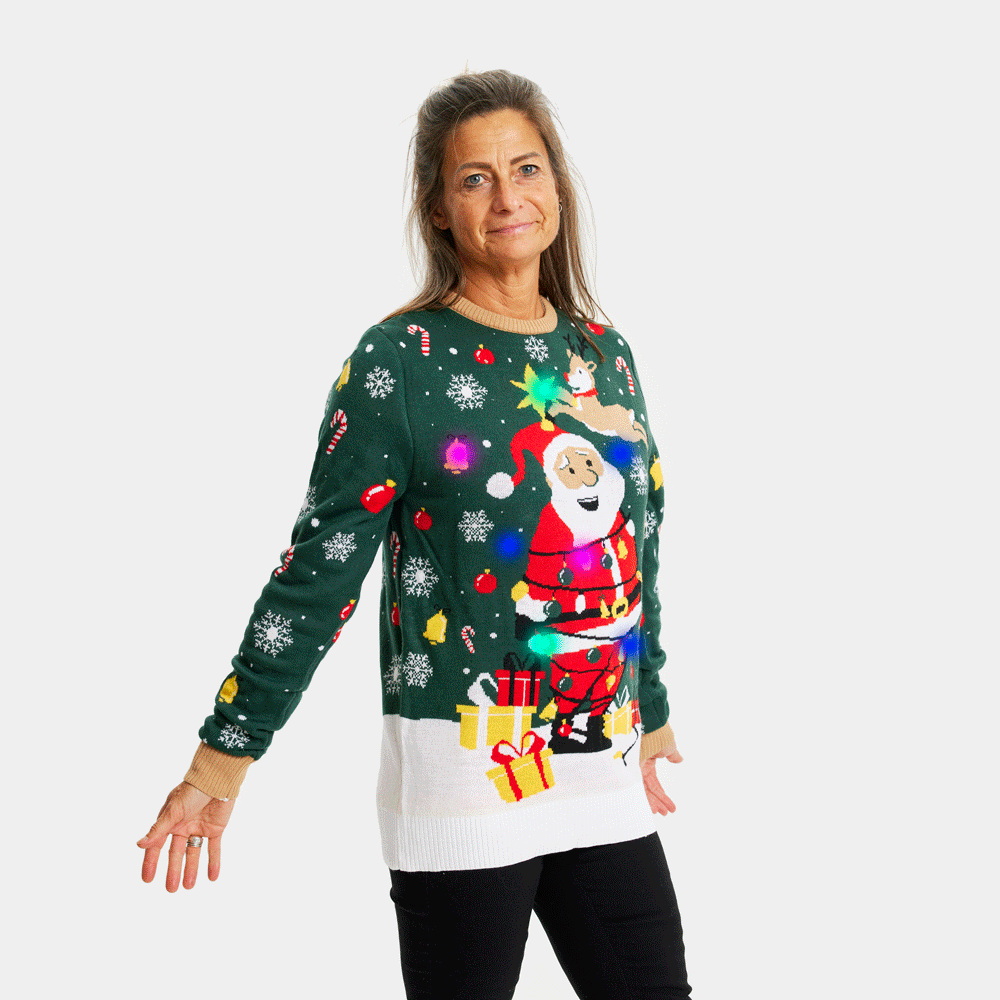 Pull de Noël pour Couple Lumineux LED Père Noël ligoté femme