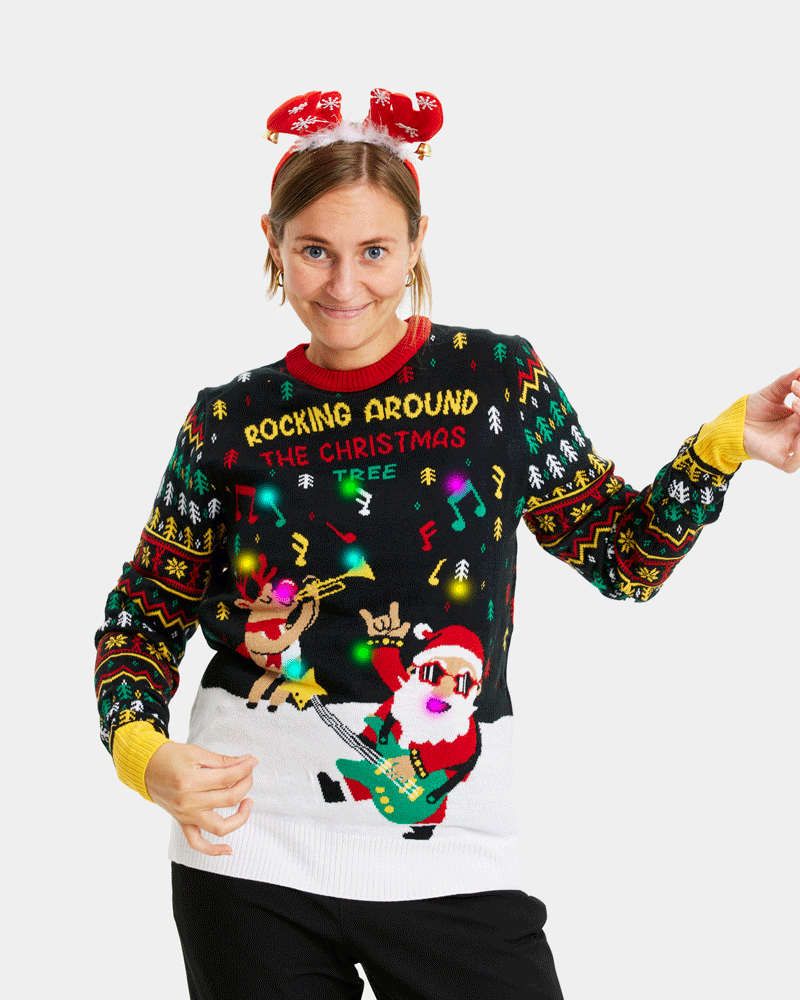 Pull de Noël pour Couple Lumineux LED Père Noël Rocker femme